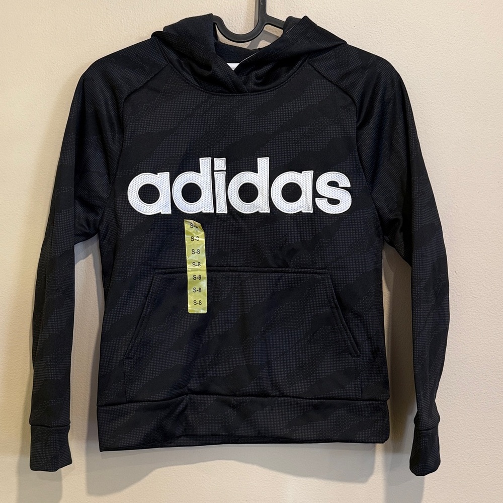Adidas Kids Black Sweatshirt with White Logo size 8 Sporty Athletic Casual